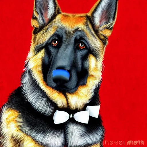 Image similar to german shepherd wearing a tuxedo with a red bow tie, digital art, highly detailed,