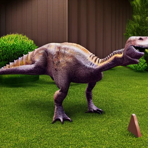 Prompt: a dinosaur walking in the yard, Photoshot, realistic