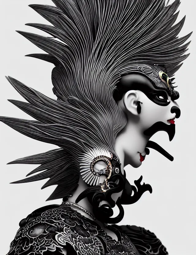 Image similar to 3 d goddess close - up profile portrait punk with mohawk with ram skull. beautiful intricately detailed japanese crow kitsune mask and clasical japanese kimono. betta fish, jellyfish phoenix, bio luminescent, plasma, ice, water, wind, creature, artwork by tooth wu and wlop and beeple and greg rutkowski