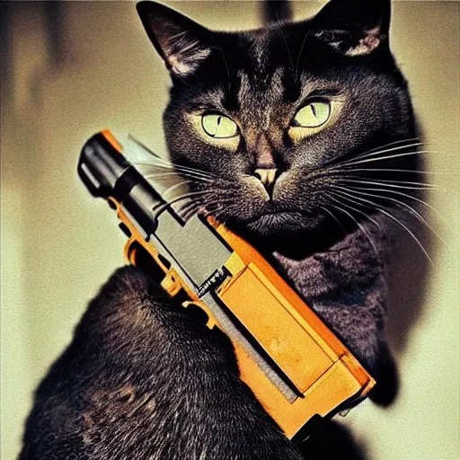 Image similar to “A cat, holding a gun in its paws”