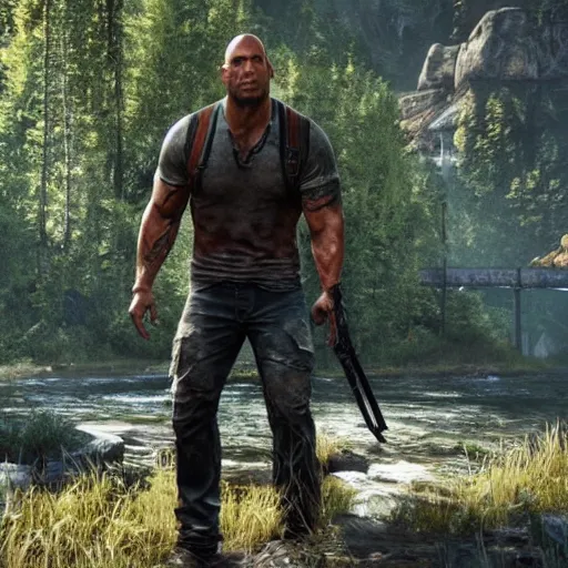 Prompt: videogame screenshot of dwayne johnson in the last of us