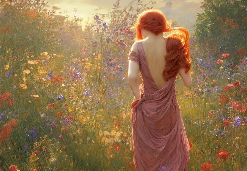 Image similar to a woman seen from behind from far away with copper hair and a flowing sundress surrounded by wildflowers, fine details by realistic shaded lighting poster by ilya kuvshinov katsuhiro otomo, magali villeneuve, artgerm, jeremy lipkin and michael garmash and rob rey, art nouveau, alphonse mucha, william - adolphe bouguereau, golden hour
