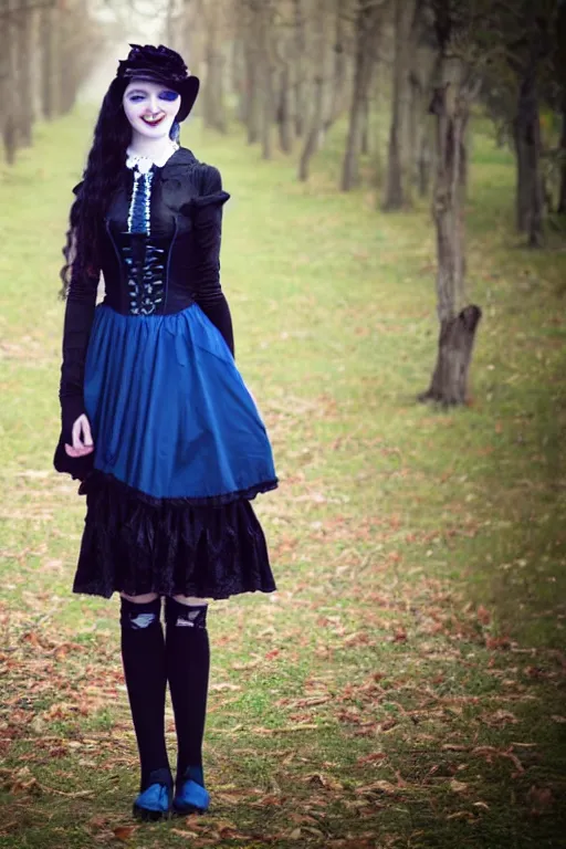 Prompt: full - length photo, young woman, gothic clothes, blue stockings, smiling at camera, 4 k, colourful