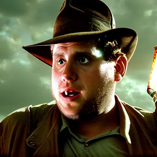 Prompt: Jonah Hill as indiana jones in raiders of the lost ark, 8k resolution, full HD, cinematic lighting, award winning, anatomically correct