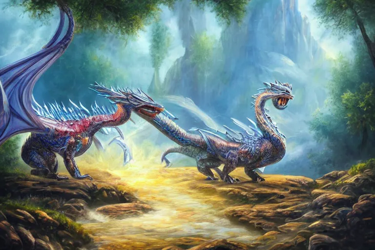 Image similar to highly detailed oil painting of a crytal dragon sitting in a steaming colorful hotspring with woodland forest backdrop, featured on artstation