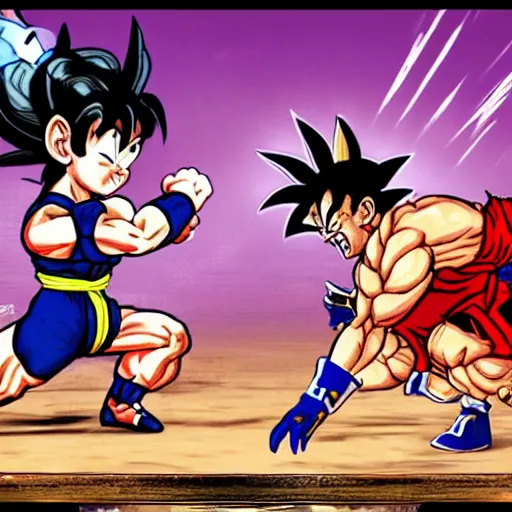 Image similar to chun li fighting goku in street fighter v by bill watterson