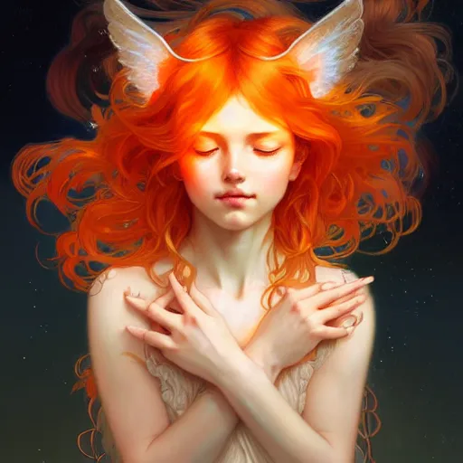 Image similar to Portrait of a girl angel with light orange fuzzy frizzy hair, cat ears, glowing halo, wings, fantasy, intricate, elegant, highly detailed, digital painting, artstation, concept art, smooth, sharp focus, illustration, art by Krenz Cushart and Artem Demura and alphonse mucha