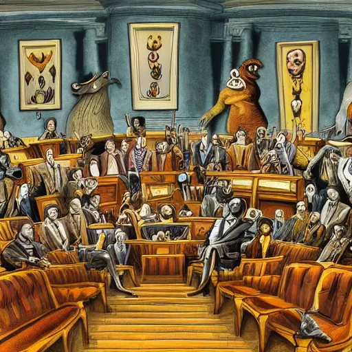 Image similar to A bunch of monsters in place of congressmen arguing on the floor of the capital 4k surrealism