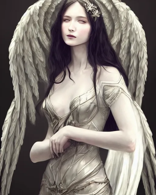 Prompt: an infinitely detailed portrait of a frail and pale female peace angel elegantly. fully - clothed full - body, beautiful! scenery art!! coherent! by wlop & murata range, victorian armor trim, cold color palette, artstation / pixiv!! elegantly armored angel portrait full - body, dreamy art