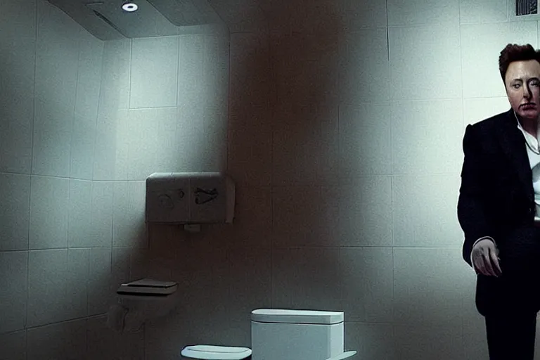 Image similar to hyperrealism aesthetic ridley scott and denis villeneuve style photography of a detailed giant elon musk, siting on a detailed ultra huge toilet and scrolling his smartphone in hyperrealism scene from detailed art house movie in style of alejandro jodorowsky and wes anderson