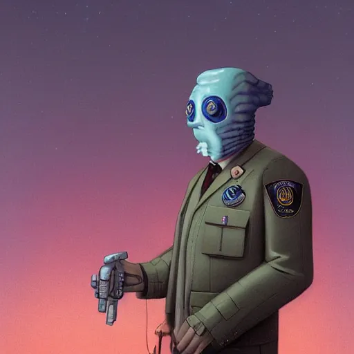 Image similar to unsettling, noble rubbery albino with thin lips, huge eyes and suspicious expression, wearing science fiction police uniform by docks at sunset, by deak ferrand, wayne barlowe, simon stalenhag, and greg rutkowski