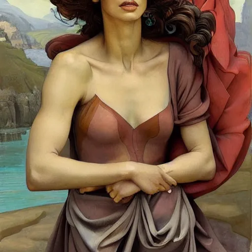 Prompt: Oil painting of the beautiful woman Gal Gadot, she is wearing some withe old cloths and a surreal ornate, her hair is natural disheveled, she has an ancient italian village as background, naturalism, dramatic lighting, high-detailed oil painting by Ilya Repin, Michelangelo da Caravaggio, William Blake, Alex Grey and Beksinski, trending on Artsatio, masterpiece, 4k, 8k,