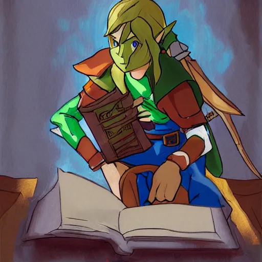 Image similar to link from legend of zelda reading the bible, trending on artstation