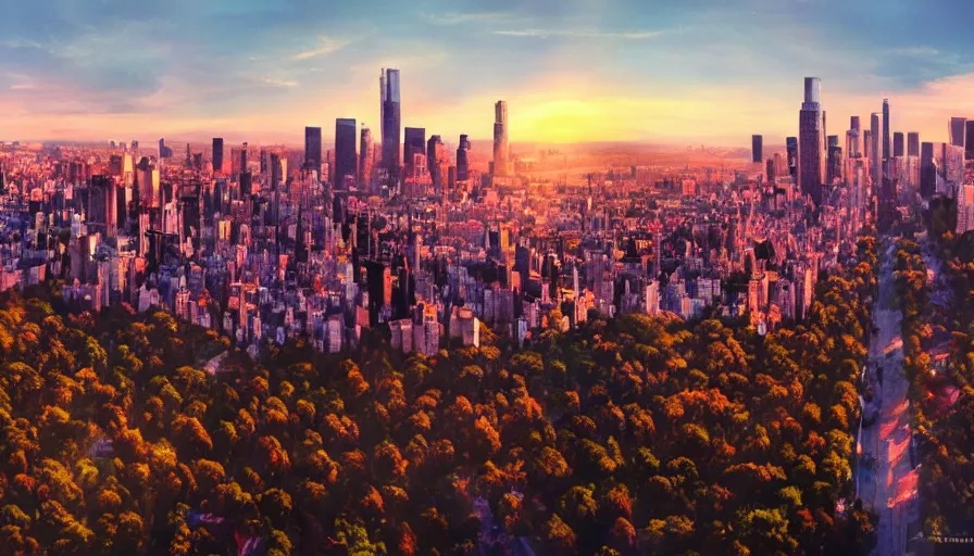 Image similar to city art with a mix between los angeles, and new york city with central park and beverly hills combined, sunset, hyperdetailed, artstation, cgsociety, 8 k