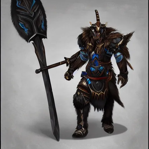 Prompt: minotaur tauren warrior, black fur blue eyes, plate armor battle axe, fantasy concept art