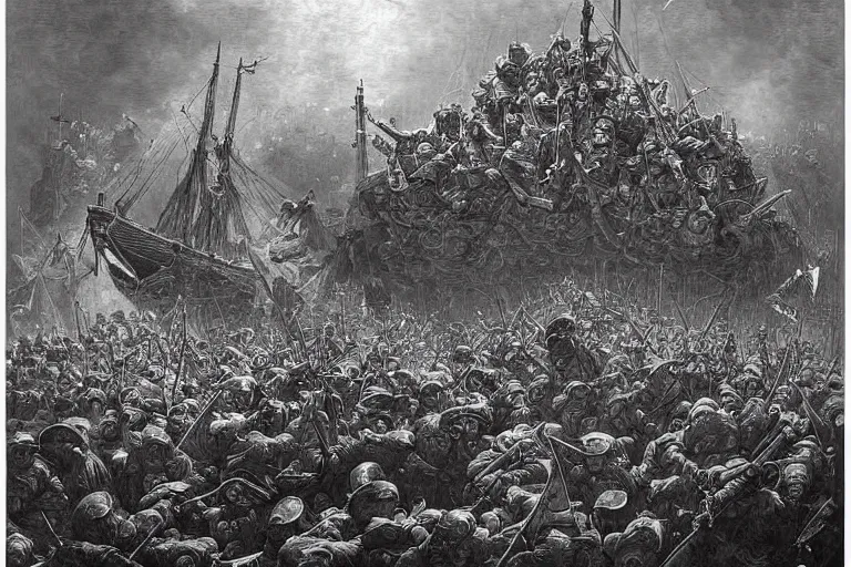 Image similar to highly detailed painting of world war 2, symmetrical, masterpiece, highly detailed painting by gustave dore