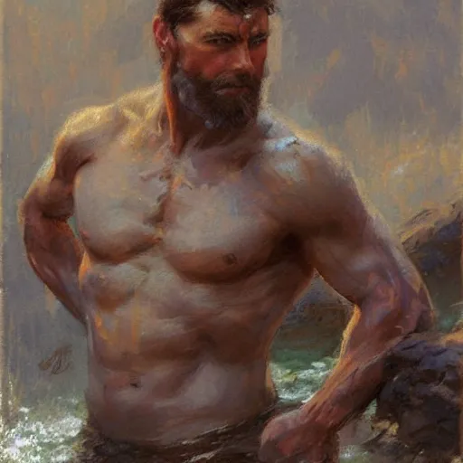 Image similar to man by the river, muscular, detailed face, correct face, painting by Gaston Bussiere, Craig Mullins