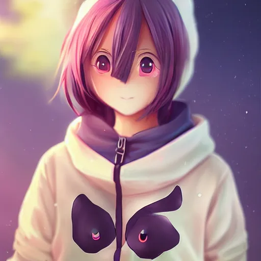 Image similar to advanced anime character art render, beautiful anime girl wearing a whale hoodie outfit , Rossdraws, WLOP , Sakimimichan