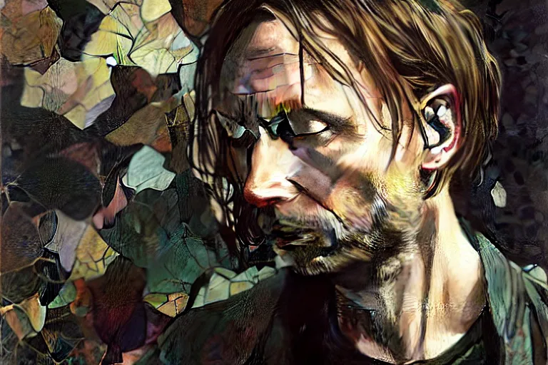 Image similar to hyper realistic portrait of thom yorke singer songwriter, side, liminal space, by lee bermejo, alphonse mucha and greg rutkowski