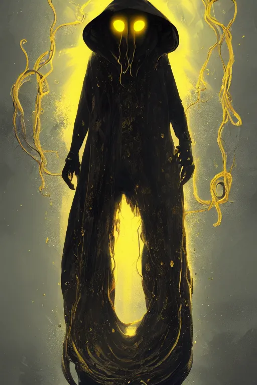 Prompt: A full body portrait of a mysterious character with no face with a very long hooded yellow cloak with black tentacles coming out the bottom and eyes floating in the air art by Maciej Kuciara and Jason Chan, ominous, cosmic horror, trending on artstation, Ultra detailed, hyper realistic 4k