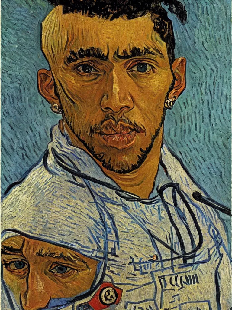 Image similar to portrait of a singular Lewis Hamilton by Van Gogh