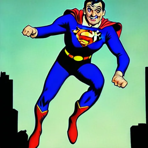 Image similar to mr bean as superman. he is extremey clumsy and destroys many buildings by accident. dc comics coverart, comicbook, comic panel