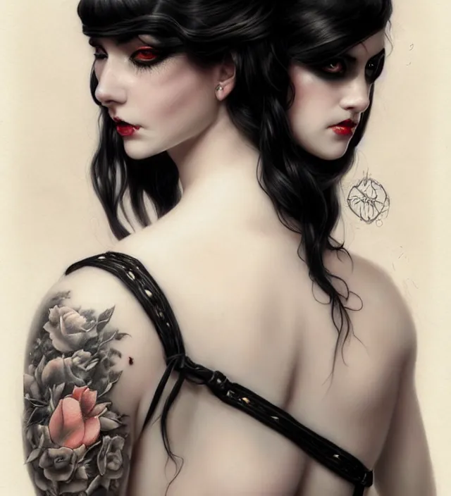 Image similar to two beautiful pale skin white eyed cosplay girls, back view, black hair, fully tattooed body, fishnet corset with choker and whip on hand, symmetrical, beautiful detailed face, masterpiece, artstation contest winner, trending artgerm, paint by tom bagshaw