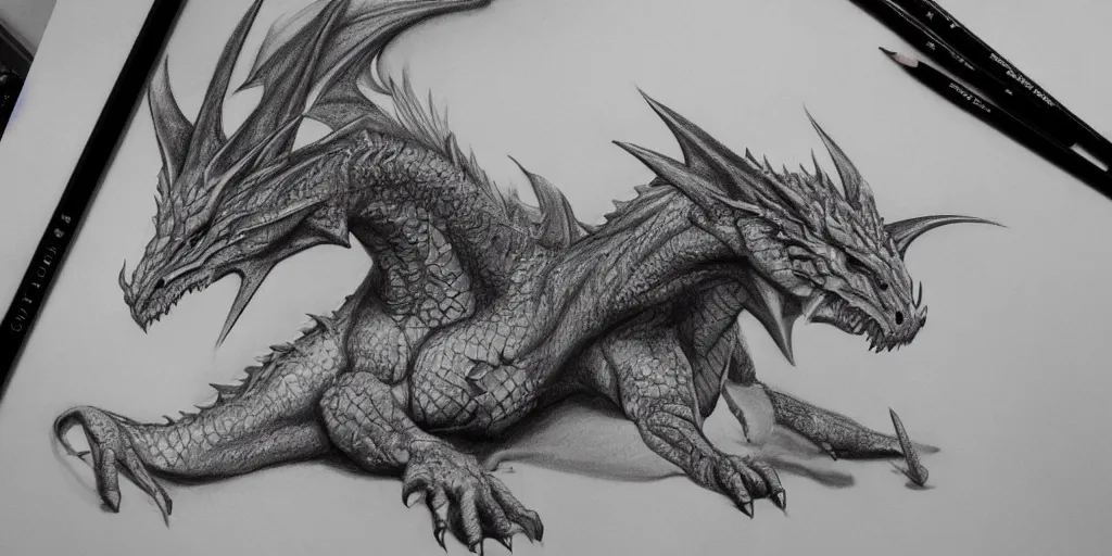 Drawing of Dragon on Paper with Pencils, Close-up Stock Illustration -  Illustration of pencil, color: 279793908