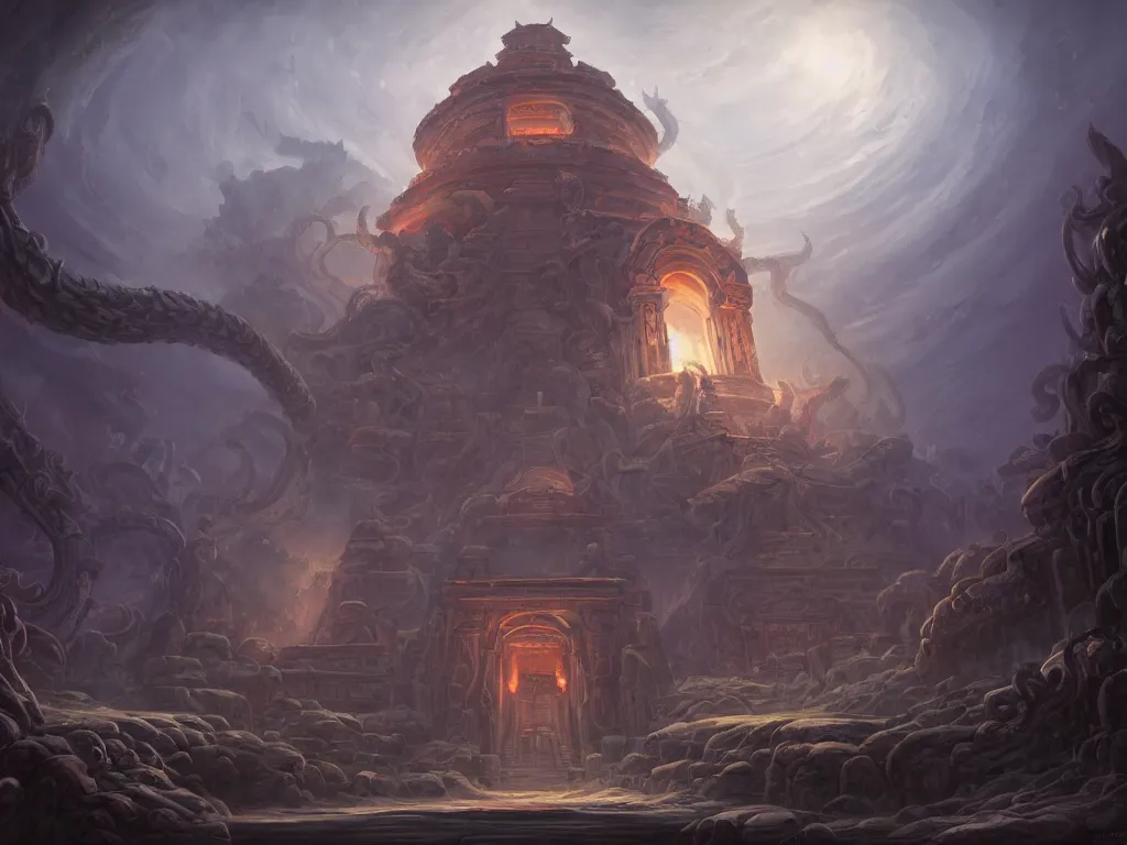 Prompt: A picture of a mysterious ancient temple with a massive entrance with tentacles coming out art by Noah Bradley and Tyler Edlin, ominous, cosmic horror, trending on artstation, Ultra detailed, hyper realistic 4k