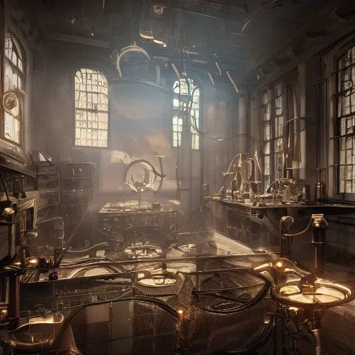 Image similar to inside steampunk science laboratory, edwardian architecture, steampunk interdimensional portal generator, steam, clouds, sparks, in the style of Alex Ross, octane render, cinematic, highly detailed, moody lighting