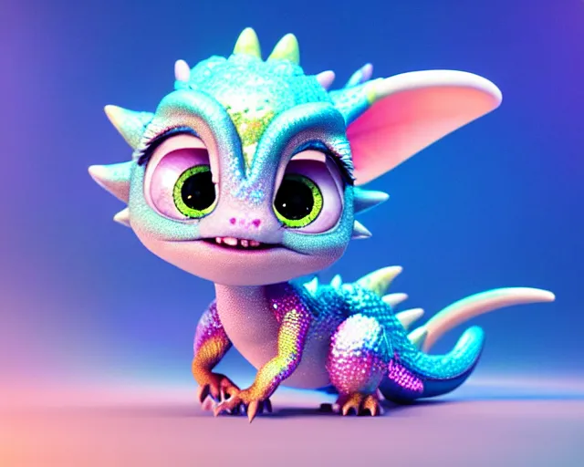 Prompt: a cute cute baby dragon, big eyes, soft scale texture, pastel colours, colorful, shiny glitter crystals, cute, adorable, pixar animation style, detailed, soft light, octane render, cute, 4 k,