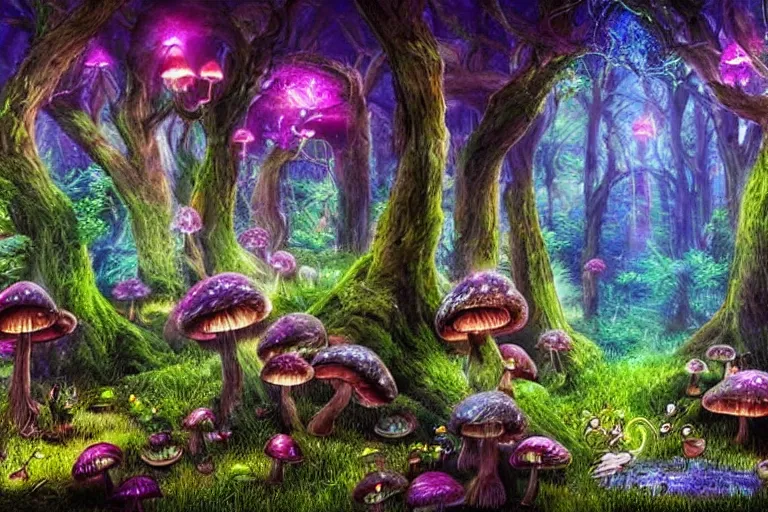 Image similar to An enchanted forest, it is nighttime, there are glowing mushrooms, there are flying fairies, fantasy-style, photorealistic.