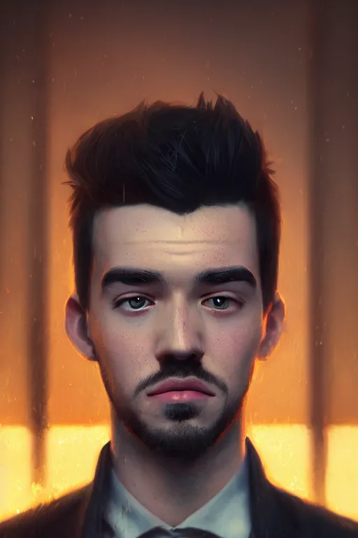 Image similar to a fancy portrait of Seán William McLoughlin, jacksepticeye by Sung Choi, Mitchell Mohrhauser, Maciej Kuciara, Johnson Ting, Maxim Verehin, Peter Konig, 8k photorealistic, cinematic lighting, HD, high details, atmospheric,