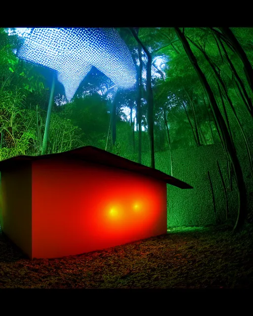 Image similar to building by diebedo francis kere, at night thermal vision rainforest lightpaint at dusk thermal imaging reclaimed by nature laser fisheye darkacademia forest myst hyperrealism, archdaily, wallpaper, highly detailed, trending on artstation.