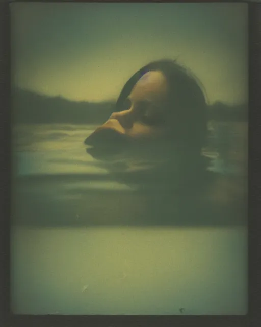 Prompt: a woman's face peaking above the water, serene emotion, polaroid, gritty texture, smoke on the water, harsh lighting
