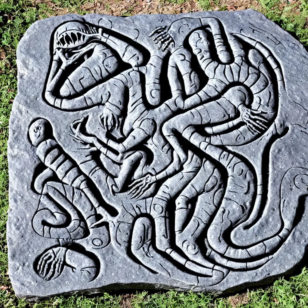 Prompt: alien to human alphabet conversion table carved on slab of stone