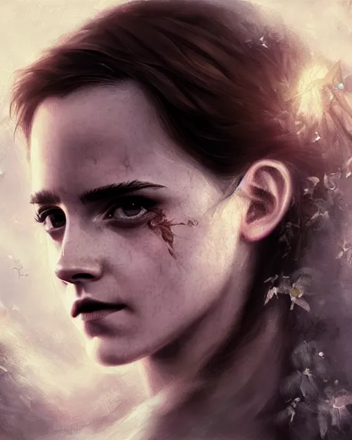 Image similar to emma watson as a fairy, hyper realistic face, beautiful eyes, fantasy art, in the style of greg rutkowski, intricate, hyper detailed, smooth