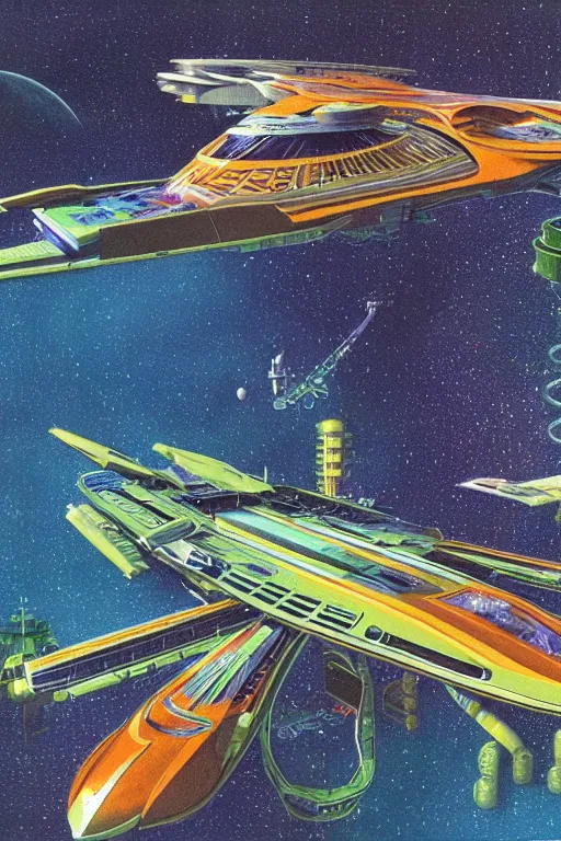 Image similar to elegant spaceship cruising between plants, fluid, smooth, bright, colours, high contrast, sharpness, very detailed, intricate, by angus mckie, colin hay, stewart cowley, john berkey