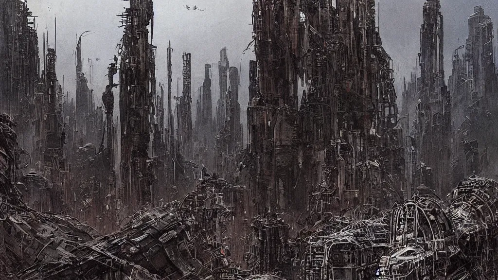 Image similar to group of survivors, megastructures, remnants of the human civilization, post - apocalyspe, machines, bleak, eerie atmospheric, a color illustration by tsutomu nihei, gerald brom and vincent di fate, epic cinematic matte painting