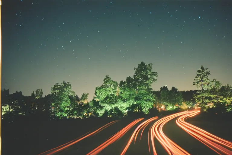 Image similar to long exposure night lansdscapes, 5 seconds shutter, Cinestill 800T