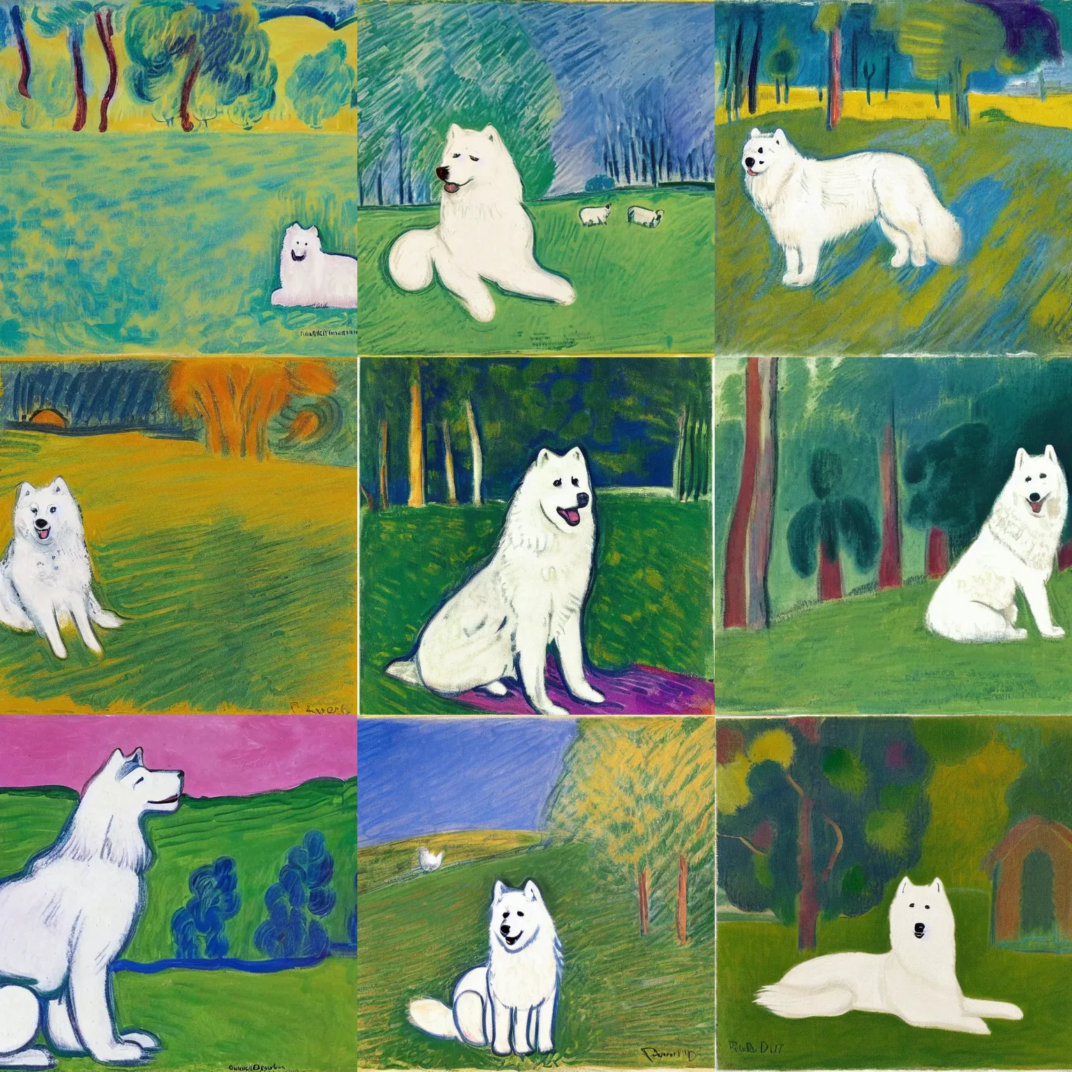 Prompt: a samoyed dog sitting in the middle of sunny meadow, by raoul dufy