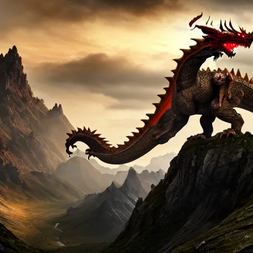 Image similar to giant dragon standing on a mountain, highly detailed, 4 k, hdr, award - winning, directed by zack snyder