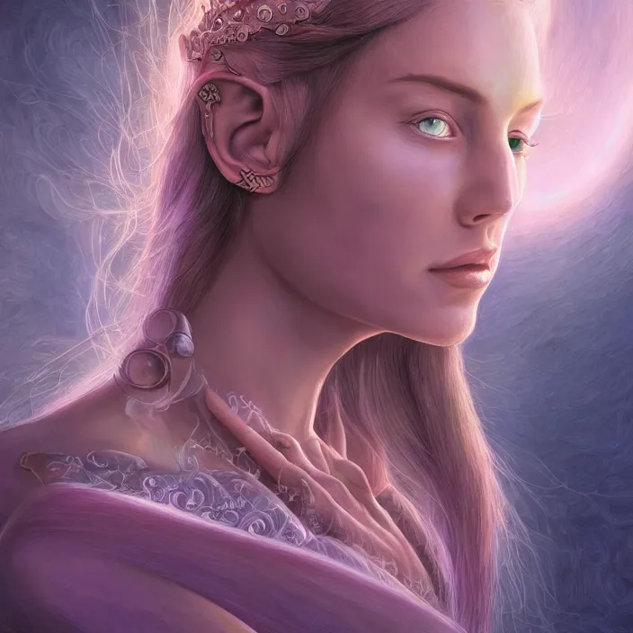 Image similar to elvish princess, science fiction, extremely detailed, sharp focus, pastel colors, intricate, realistic, smooth, volumetric lighting, digital painting, by eric stanton, by alex grey, by santiago calatrava