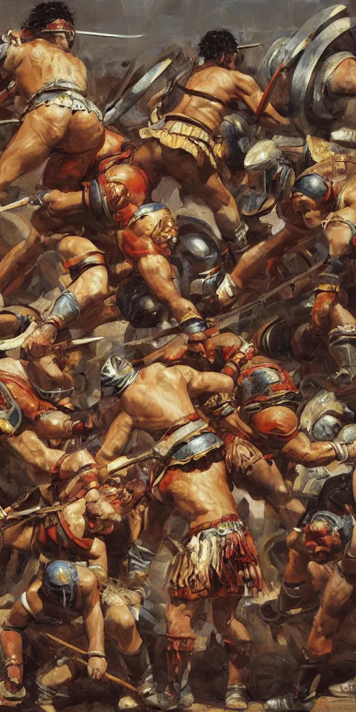 Image similar to oil painting scene from gladiator fights by kim jung gi