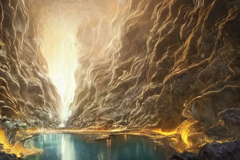 Prompt: High-end luxurios futuristic city with Singaporean royal gold lush volcano erupting, volcano lava destruction, set on Antelope Canyon with white thermal waters flowing down gold travertine terraces and lava overflowing, relaxing, ethereal and dreamy, thunderstorms and multiversal tornado, visually stunning, from Star Trek 2021, illustration, by WLOP and Ruan Jia and Mandy Jurgens and William-Adolphe Bouguereau, Artgerm