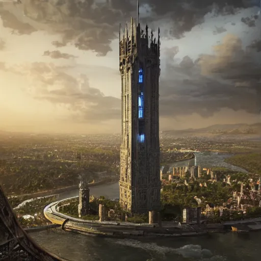 Image similar to an ultra detailed matte painting of the one impossibly tall ominous dark tower elevated high above the city, on an island in a river elevated high above the city fortress tower, fantasy capital city, ultrawide lense, aerial photography, volumetric lighting, exquisite detail, octane render, 8 k postprocessing, art by artgerm and greg rutkowski and alphonse mucha