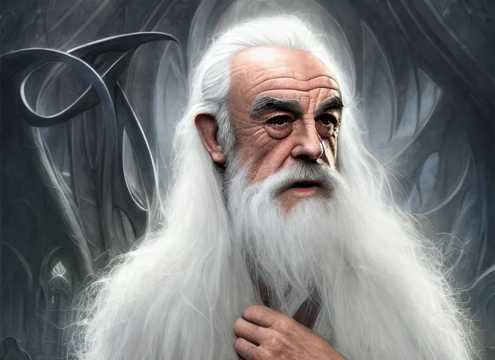 Image similar to white haired sean connery as gandalf, lord of the rings, robes, intricate, elegant, highly detailed, centered, digital painting, artstation, concept art, smooth, sharp focus, illustration, artgerm, tomasz alen kopera, peter mohrbacher, donato giancola, joseph christian leyendecker, wlop, frank frazetta