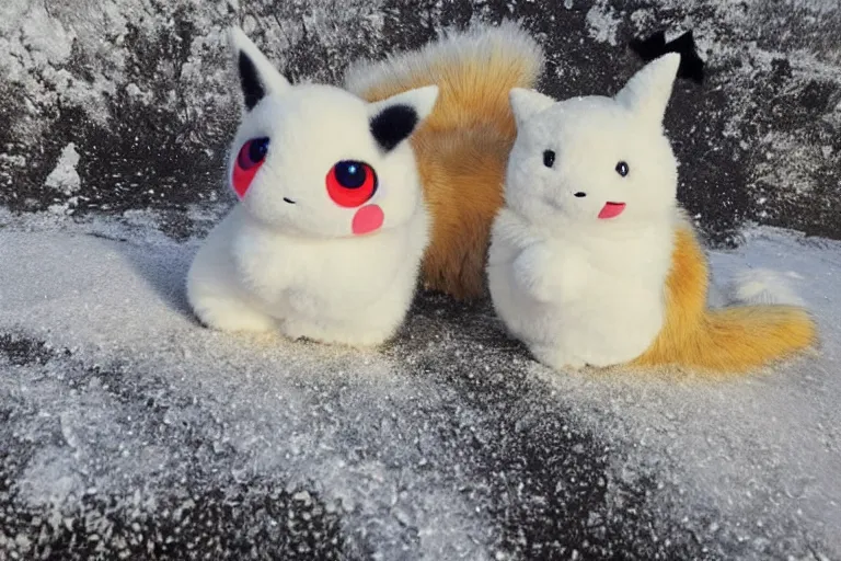 Prompt: real life pokemons, cute!!!, content!!!, mischievous!!!, adorable!!!, chubby!!!, fluffy!!!, ultra realistic!!!, winter, blanket of snow, 4 0 0 0 kelvin, golden hour, sharp focus