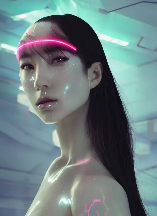 Image similar to a beautiful oriental female humanoid with freckled cheeks, cyber neon lighting, futurism, intricate futuristic jewelry accessories, cyberpunk glossy white latex swimsuit, profile posing, hyper photorealistic, crispy quality, digital photography, trending in artstation, trending in pinterest, cinematic, 4 k ultra hd, art by pascal blanche, art by greg rutkowski,