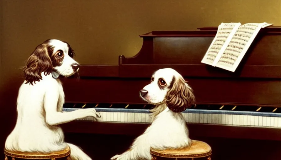 Prompt: a brown and white Spaniel playing piano. Artwork, classic, famous, style of Cassius Marcellus Coolidge.